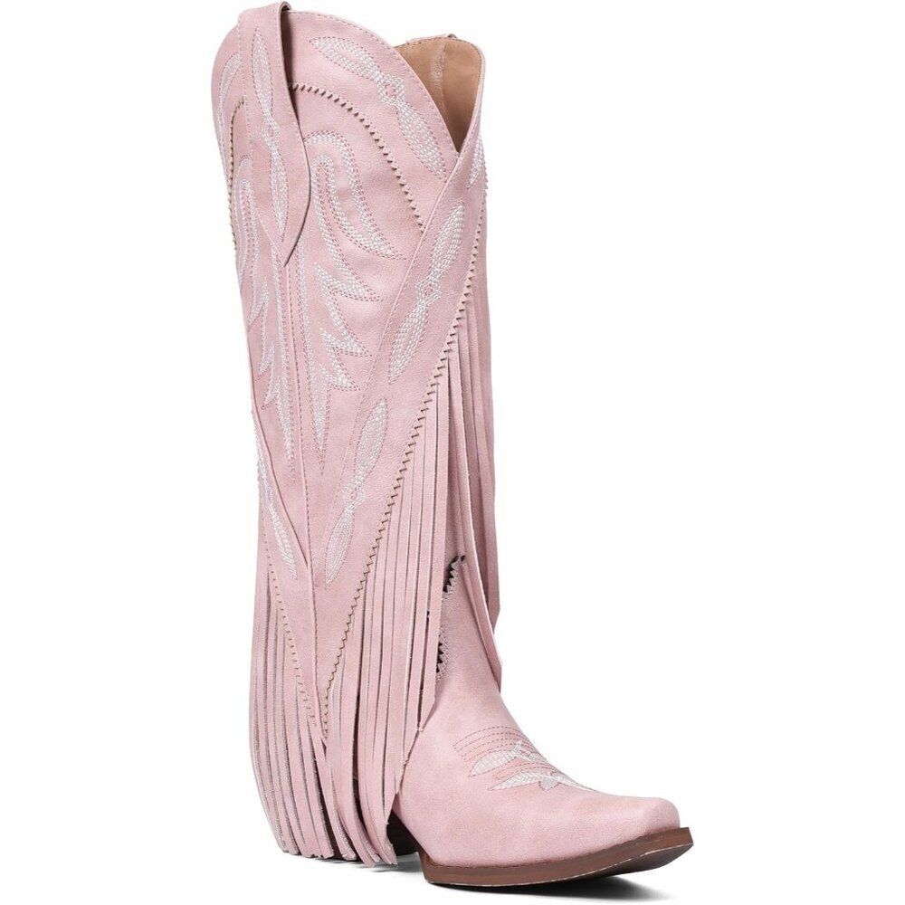 Women's Pink PU Pointed Toe Pull On Block Chunky Heel Embroidery Tassel Country - Picture 4 of 6